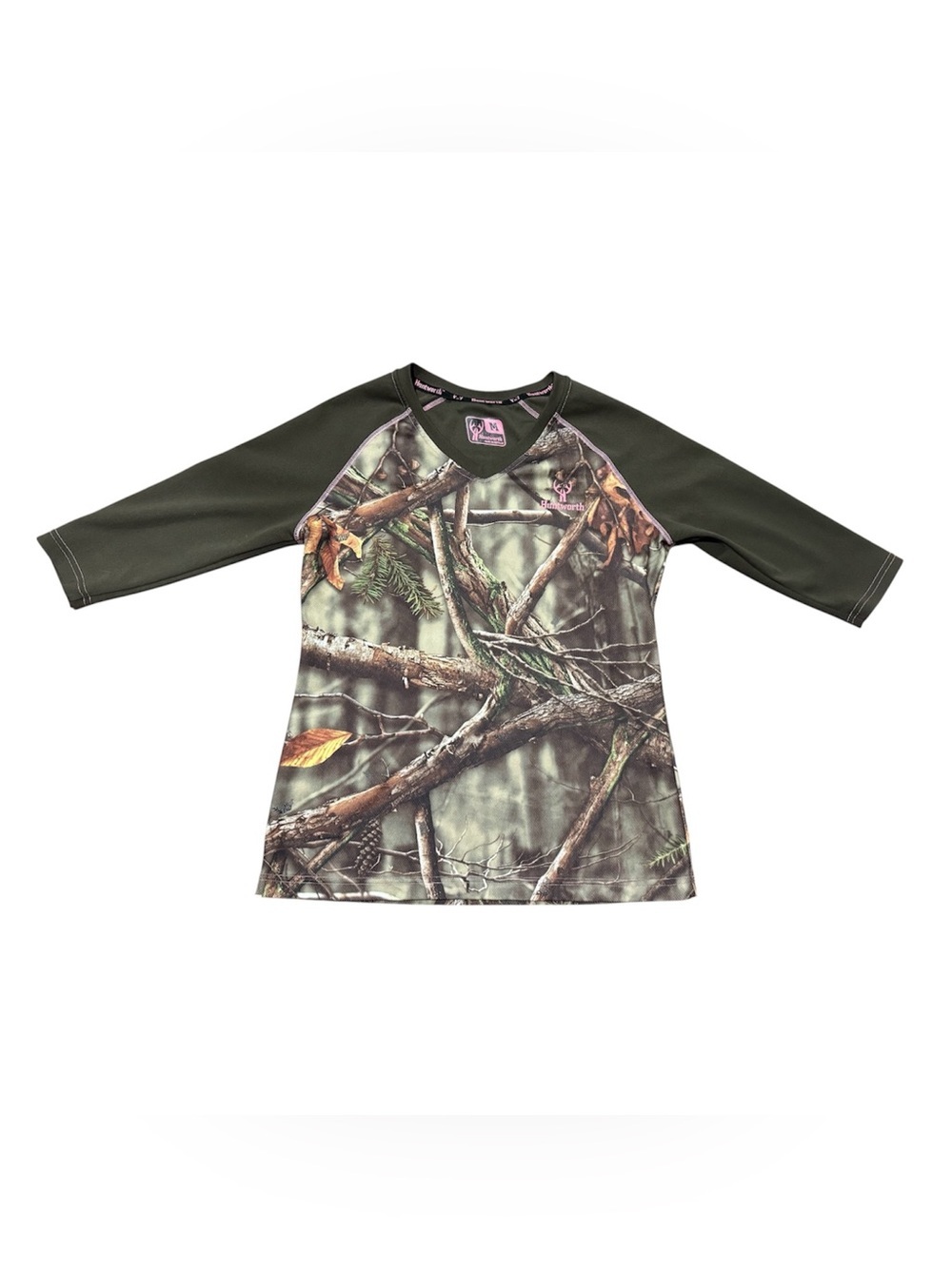 HUNTWORTH Womens Camouflage V-Neck Shirt 3/4 sleeve Size Medium
